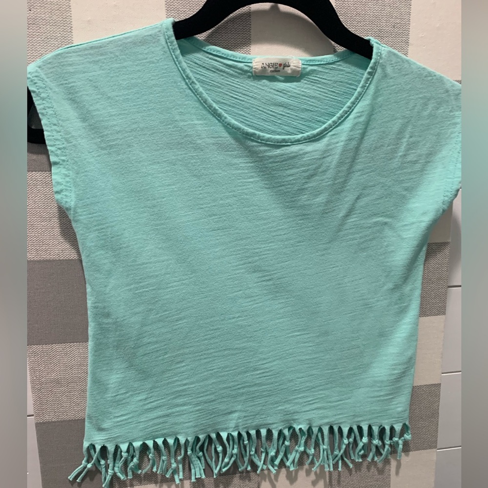 Angie Girl, Teal/ mint green shirt with fringe.  Super cute Summer shirt!